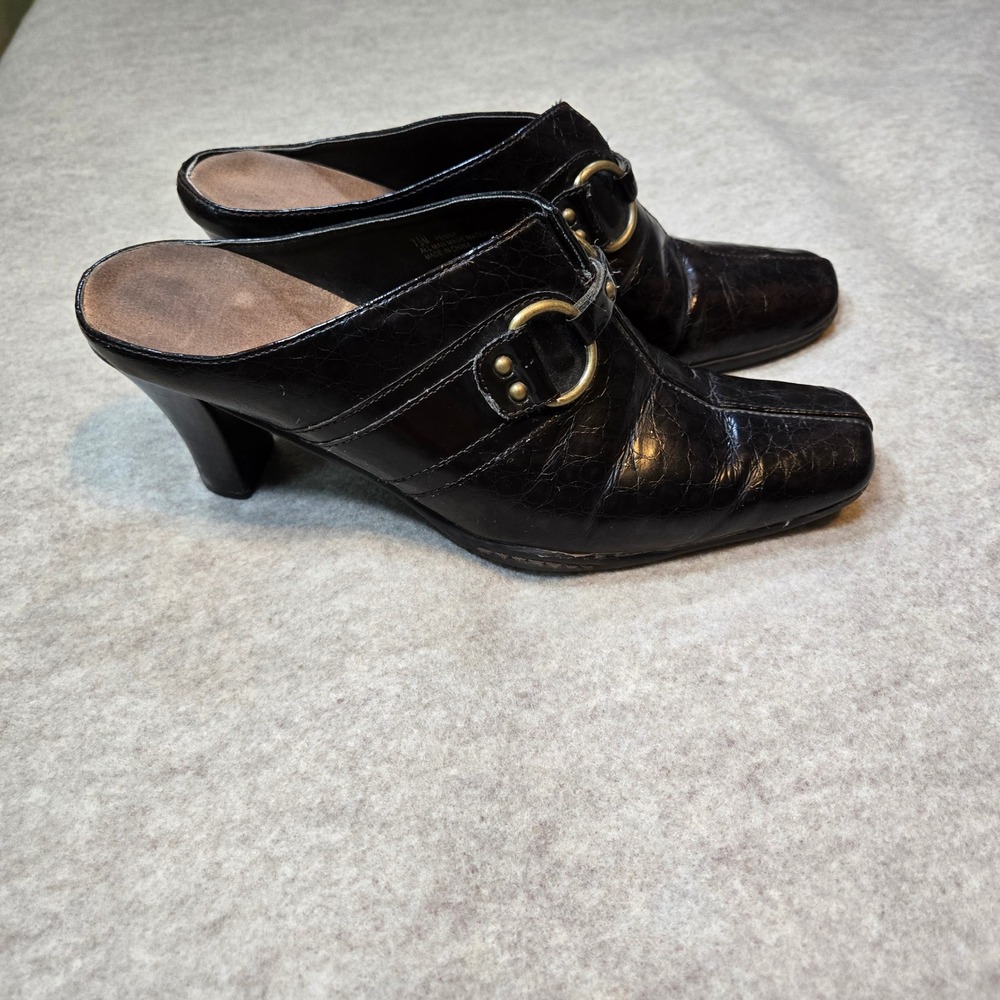 Dark Brown Croc Embossed Heeled Mules Square Toe Brass Buckle Penny 7.5M